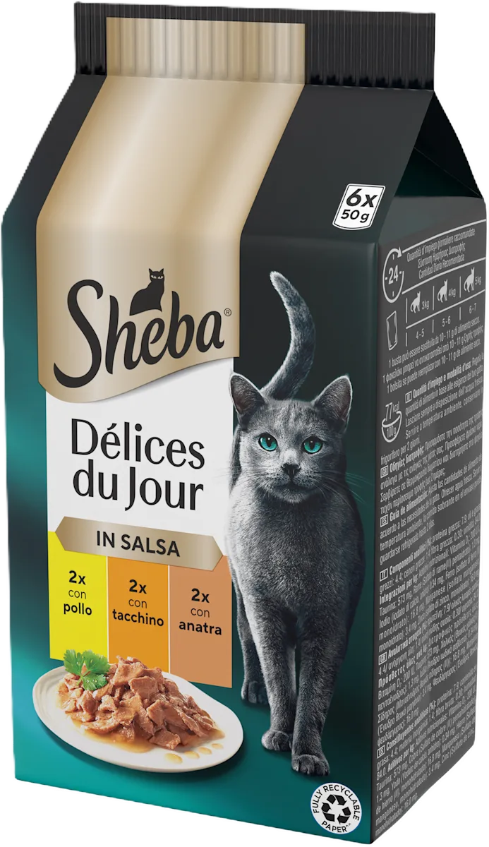 Sheba Delice Du Jour Pollo Tacchino Anatra in Salsa 6x50g Sheba Delice Du Jour Pollo Tacchino Anatra in Salsa 6x50g